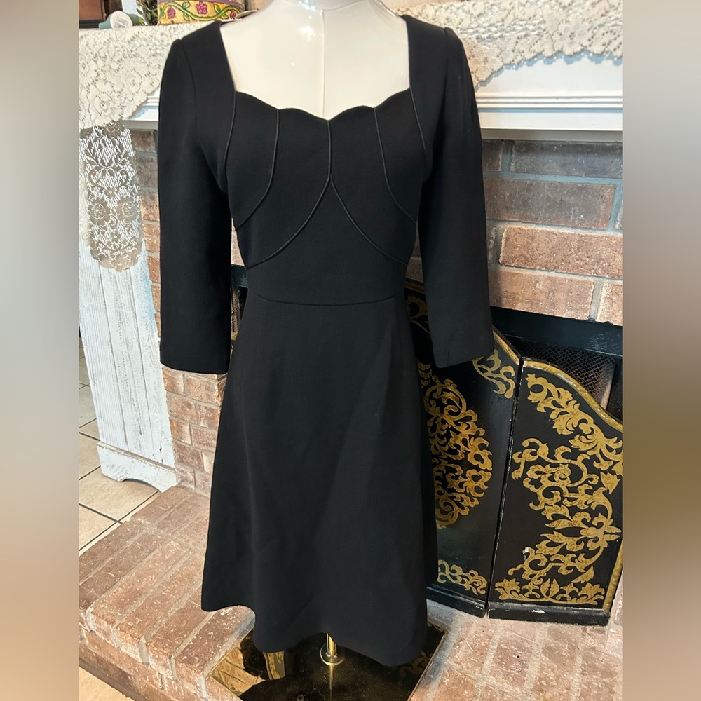 Teri Jon by Rickie Freeman Dress Midi/Knee Black 3/4 Sleeve Scallop Neck Wool
